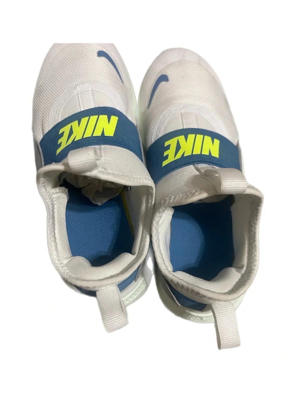 Nike Kids Slip-On Sneakers in White with Blue and Neon Yellow